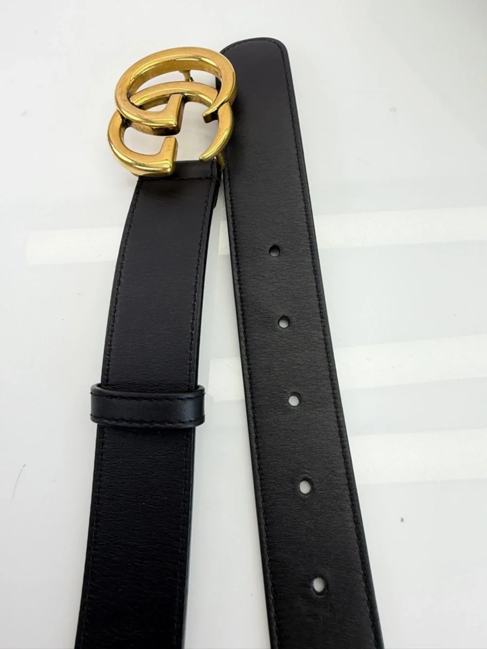 Authentic Gucci Slim Leather Marmont Gg Double Mens Belt Black 80/32” 414516